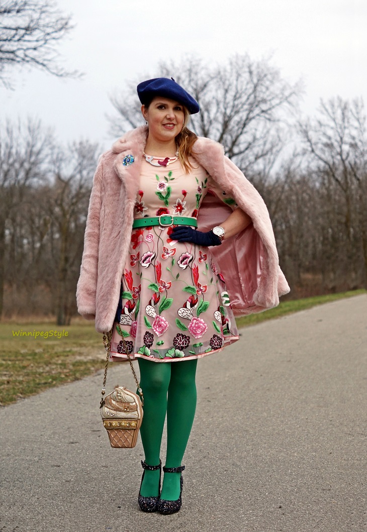 Winnipeg Style , fashion consultant, stylist, Chicwish pink floral fantasy embroiderd dress, Chicwish pink marshmallow faux fur winter coat, Chie Mihara Liuma petrol blue suede splatter paint chunky heel platform shoe, Mary Frances ice cream cone beaded bag handbag, Fabcessories mermaid necklace